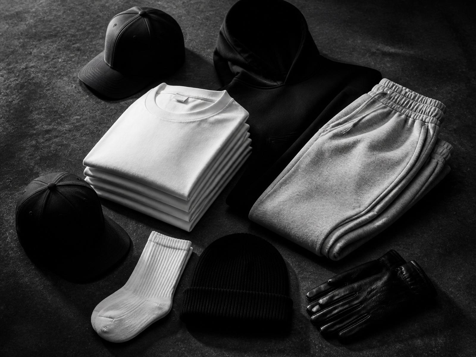 Wholesale streetwear flatlay: Pro Club tees, hoodie, sweatpants, snapbacks, beanie, socks, leather gloves
